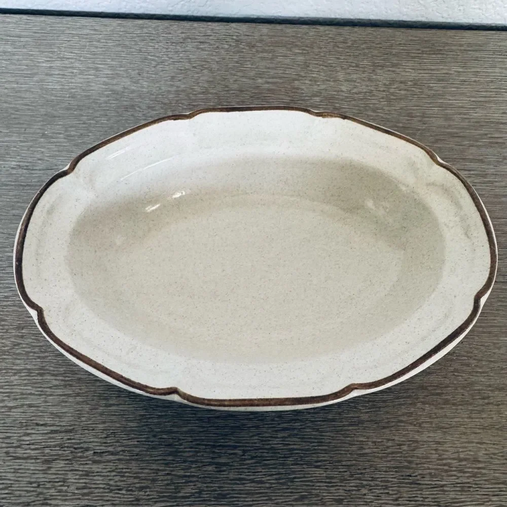 Baroque Stoneware Brown Scalloped Edge Vintage Serving Bowl